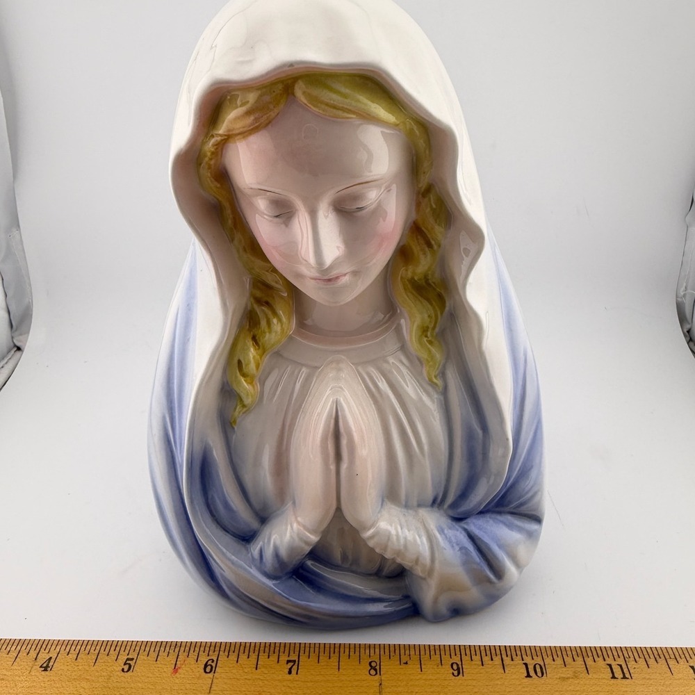 Relpo Virgin Mary Planter 8in Blue White Excellent Vintage Madonna Bust 6355 - Picture 9 of 10